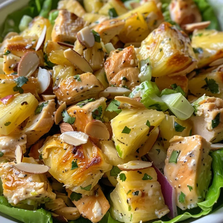 A close-up view of a vibrant pineapple chicken salad in a white bowl, featuring cubed chicken and pineapple chunks.