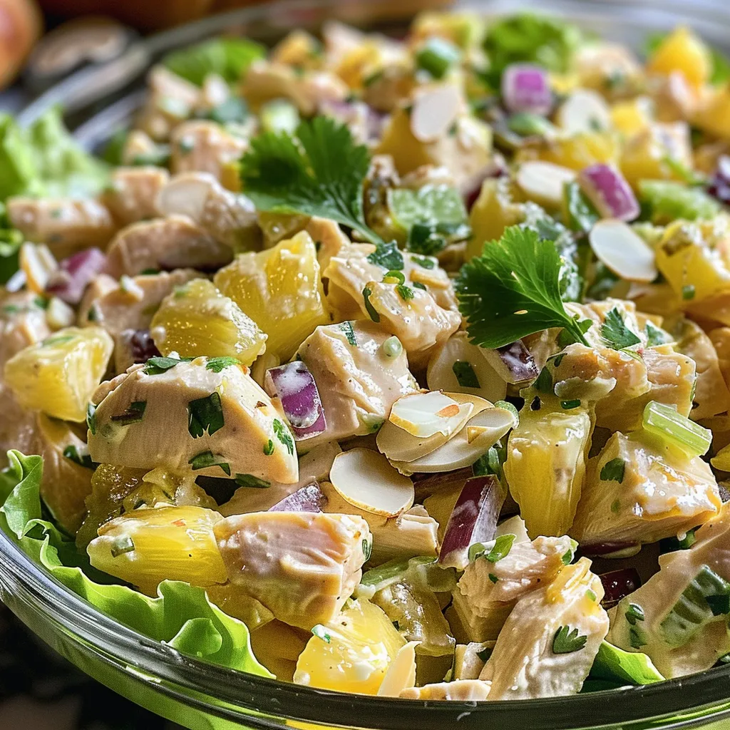 A side angle of a colorful pineapple chicken salad, showcasing ingredients like almond slivers and leafy greens.