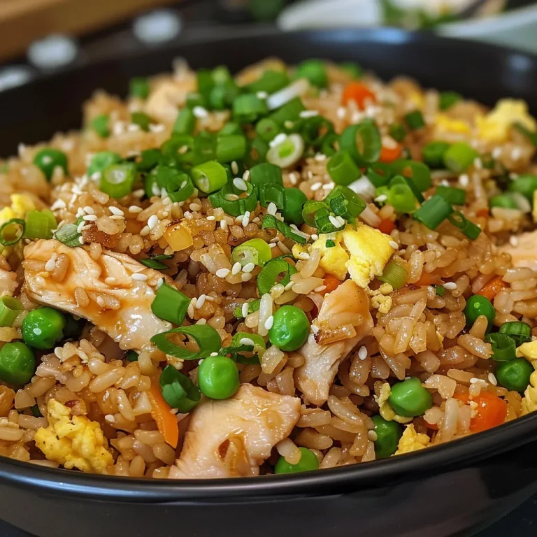 Close-up of protein-packed chicken fried rice with diced chicken and colorful vegetables.