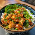 A close-up side view of a honey soy chicken bowl featuring diced chicken, rice, and broccoli.