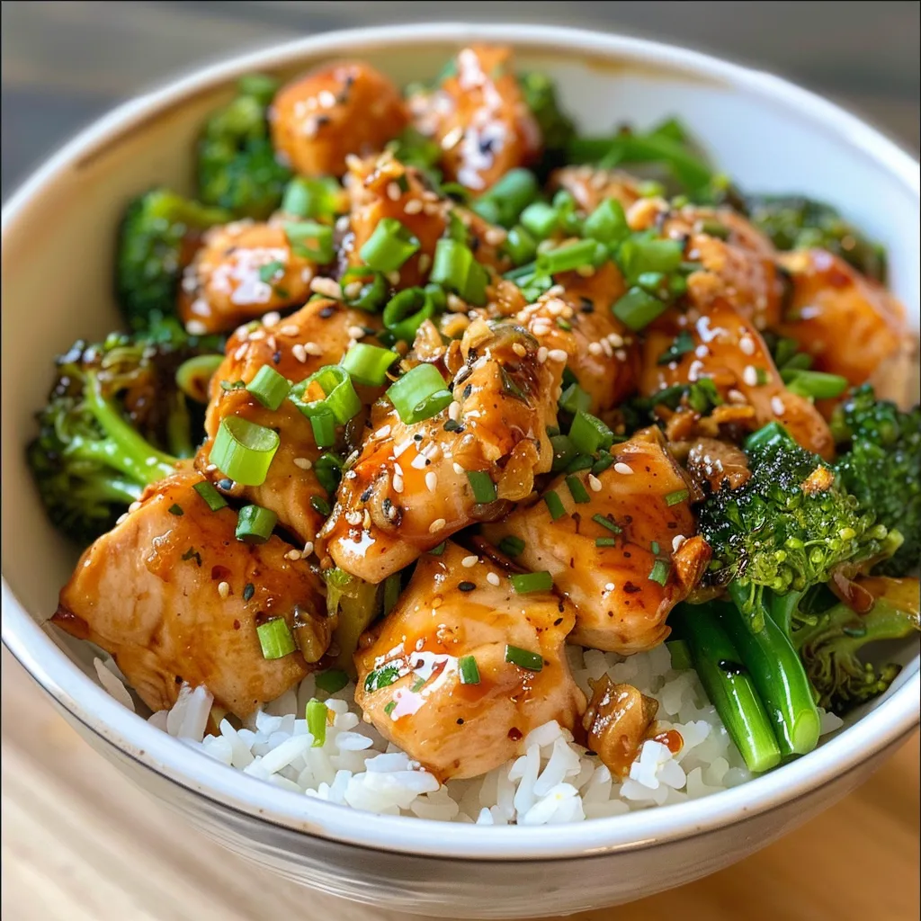 Juicy pieces of chicken and vibrant broccoli in a white rice bowl, garnished with green onion.