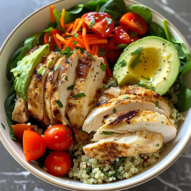 A colorful quinoa chicken bowl featuring grilled chicken, cherry tomatoes, diced avocado, and fresh spinach.