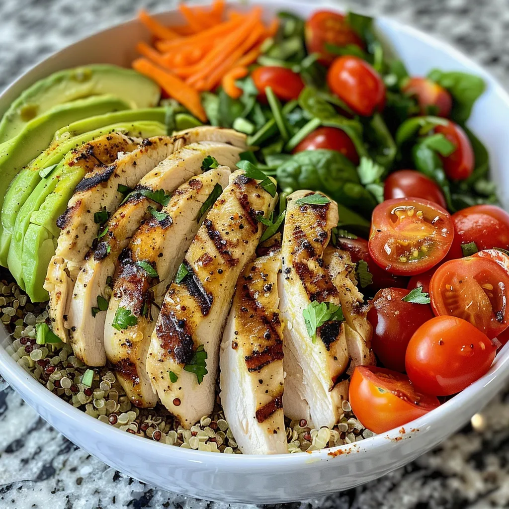 Side view of a quinoa chicken bowl with vibrant ingredients like shredded carrots and cherry tomatoes.
