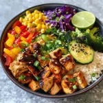 A close-up view of a colorful chicken bowl filled with vibrant veggies.