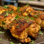 Close-up of juicy Ranch Chicken Thighs on a plate, glistening with creamy sauce.