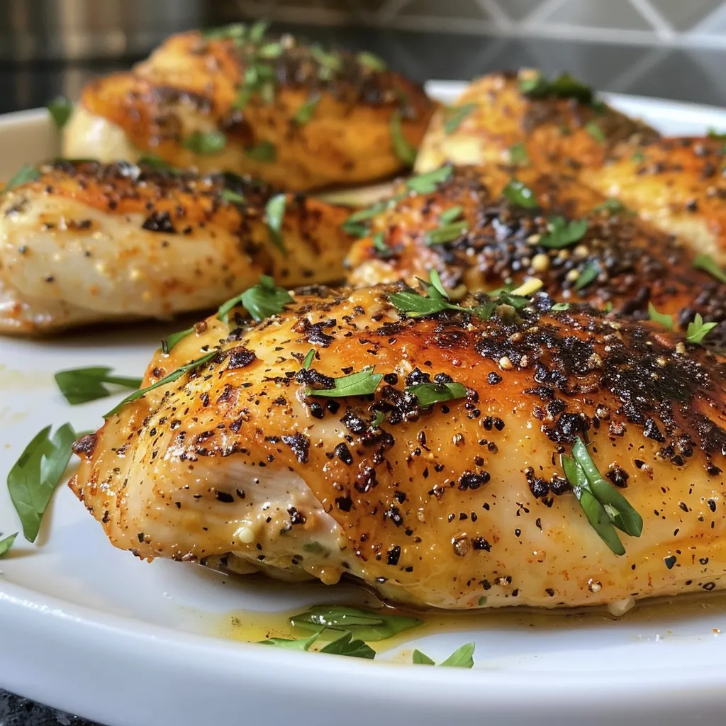 Side view of succulent chicken thighs seasoned with ranch, topped with fresh parsley.