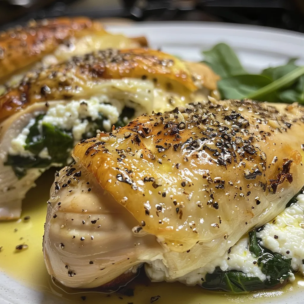 Side view of a succulent chicken breast stuffed with ricotta cheese and spinach, garnished attractively.