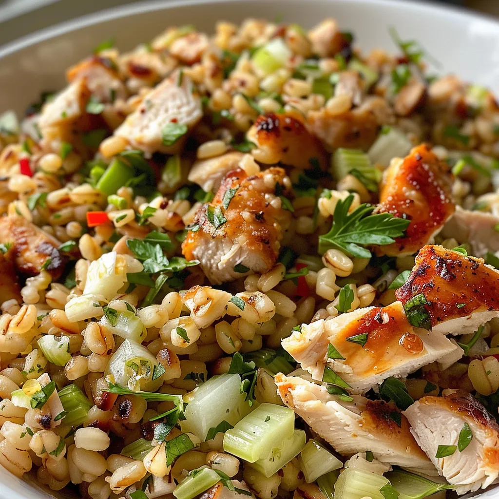 Close-up of a vibrant roasted chicken and barley salad featuring green herbs.
