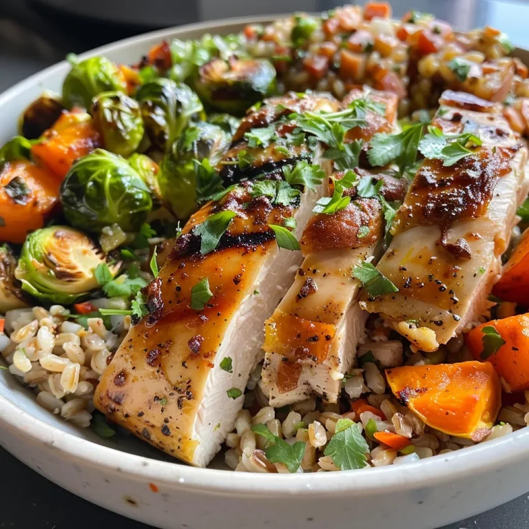 Heartwarming Roasted Chicken Farro Bowls That Satisfy Every Craving Close up view of a roasted chicken farro protein bowl, showing chicken thighs, sweet potatoes, and Brussels sprouts.