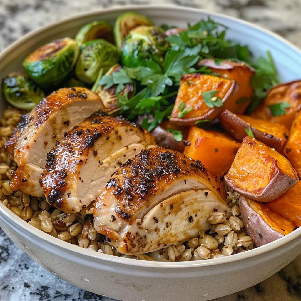 Side view of a delicious roasted chicken bowl with farro, garnished with fresh herbs and colorful vegetables.