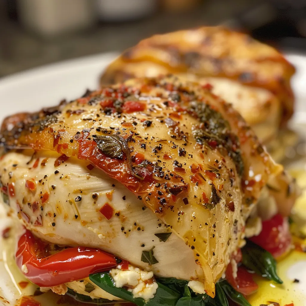 Juicy roasted chicken filled with colorful roasted red pepper and creamy goat cheese.