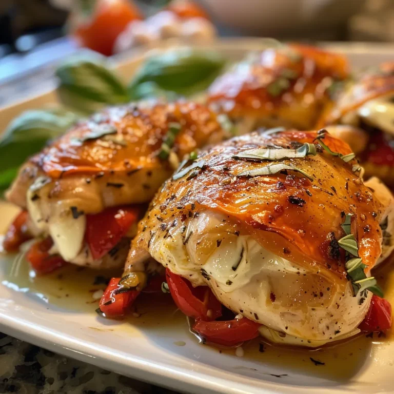 Juicy roasted red pepper mozzarella stuffed chicken on a plate, garnished with fresh basil.