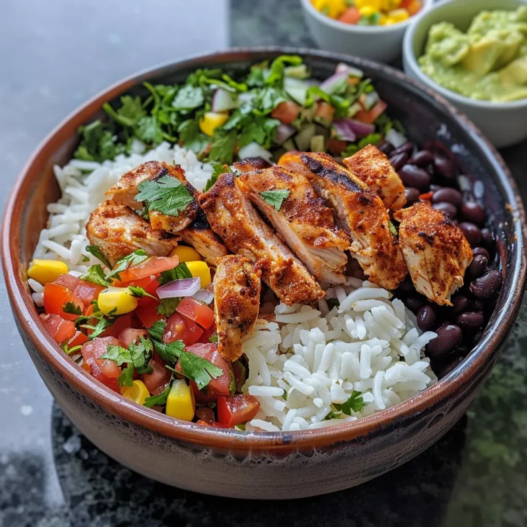 Close-up view of a savory Chipotle chicken burrito bowl filled with colorful ingredients.