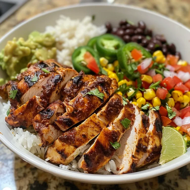 Close-up view of a chipotle chicken burrito bowl topped with fresh ingredients.