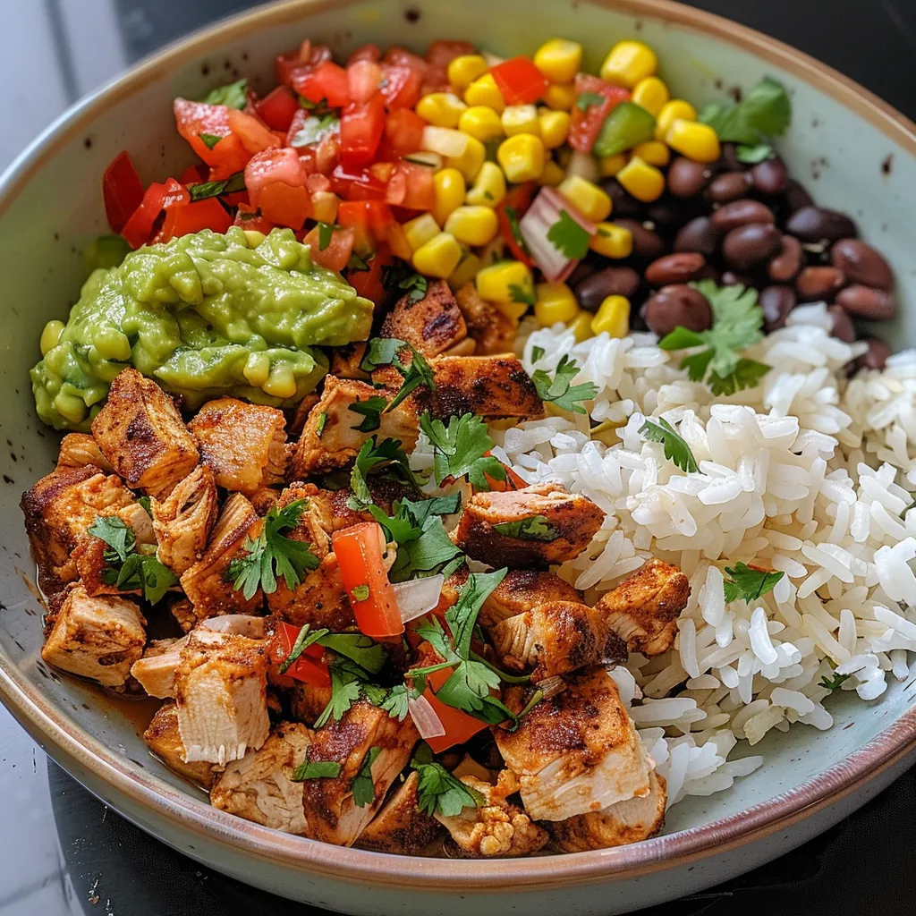 Juicy Chipotle chicken burrito bowl with rice, black beans, and fresh toppings.