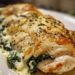 Close-up view of a juicy chicken breast stuffed with spinach and cheese.