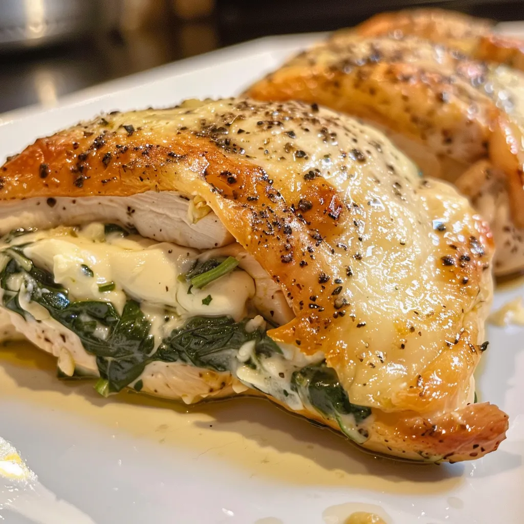 Side view of a savory chicken dish with vibrant green spinach peeking out.