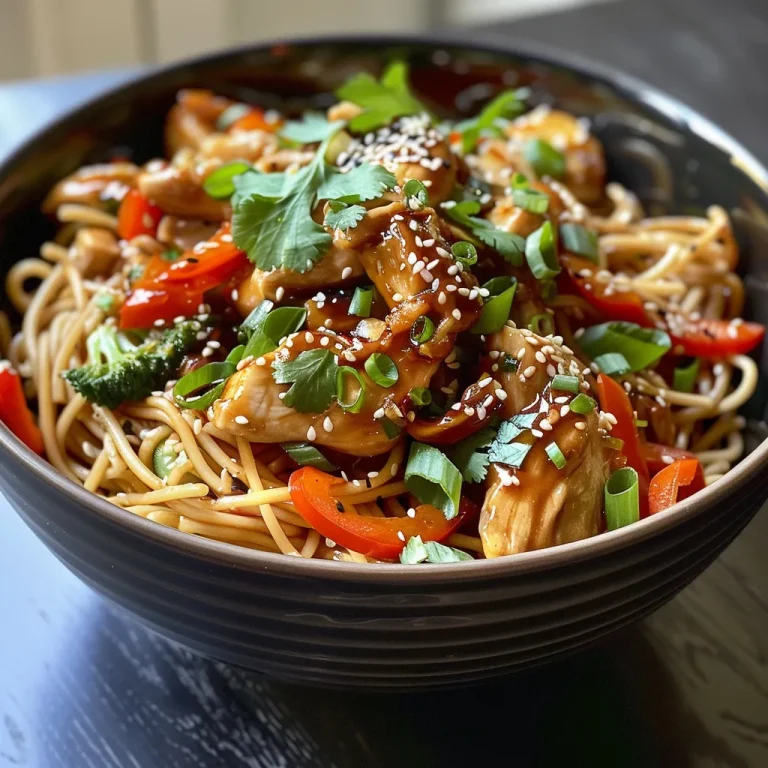 Close-up of a vibrant sesame chicken noodle bowl with colorful vegetables.