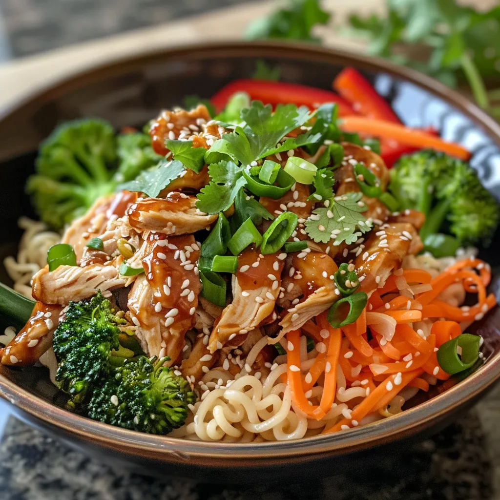 A side view of a sesame chicken noodle bowl showcasing tender chicken and fresh toppings.