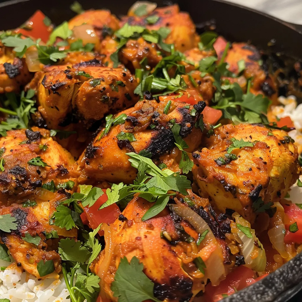 Side view of succulent chicken pieces in a creamy coconut sauce with spices and chopped herbs.