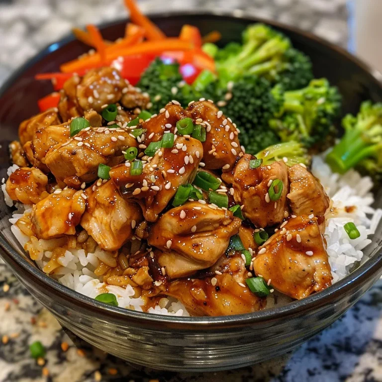 Close-up view of a colorful spicy chicken rice bowl with vegetables and sauce.