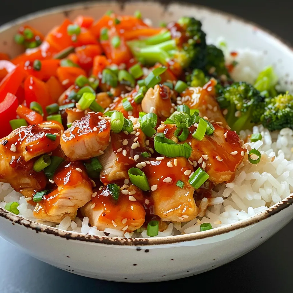 A side view of a delicious rice bowl featuring chicken, broccoli, and chili garlic sauce.