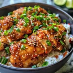 A close-up side view of a Spicy Garlic Chicken Rice Bowl with vibrant colors and textures.