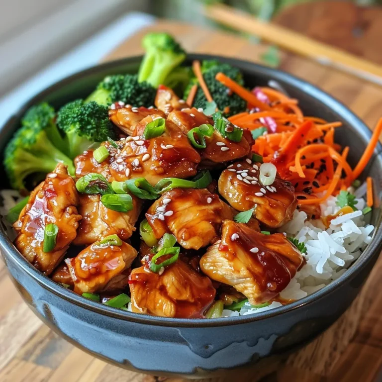 A close-up view of a spicy honey ginger chicken bowl featuring colorful vegetables and rice.