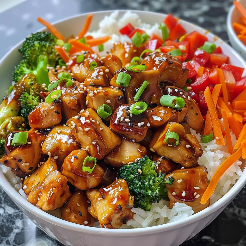 Side view of a bowl filled with spicy honey ginger chicken, rice, and fresh veggies.