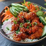 Close-up view of a spicy Korean BBQ chicken rice bowl with colorful vegetables.