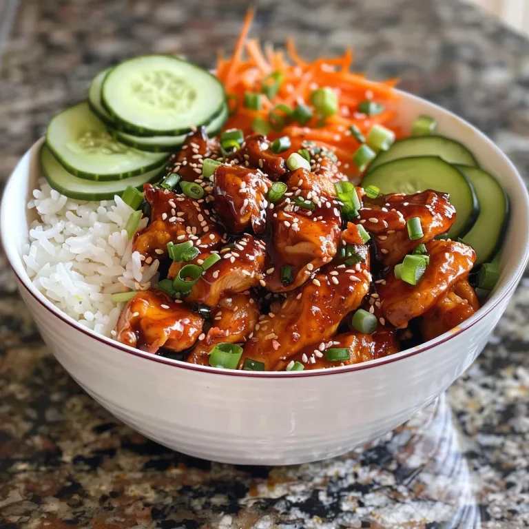 Juicy Spicy Korean BBQ chicken served over rice with colorful vegetables.