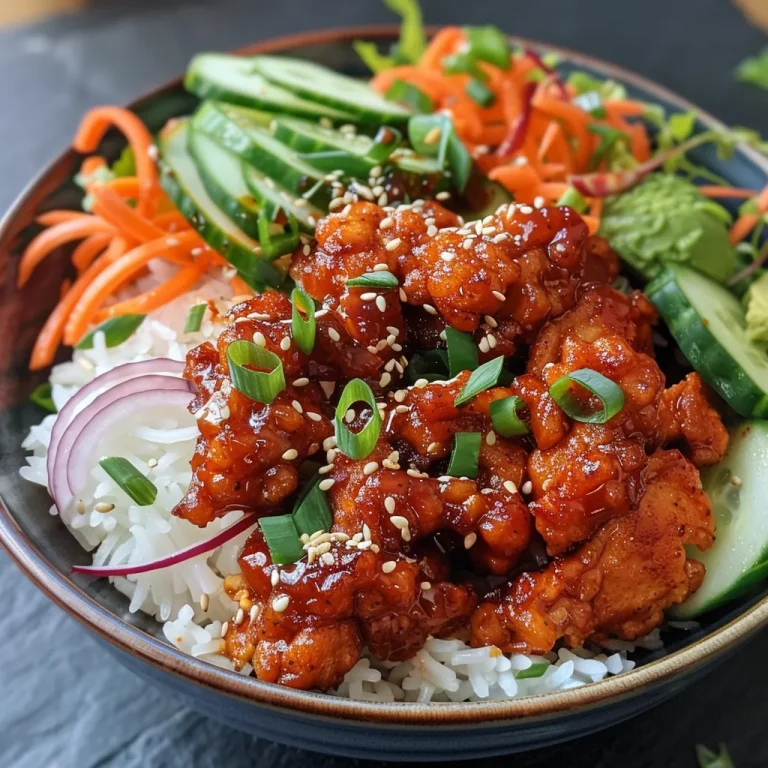 A close-up view of a Spicy Korean BBQ Chicken Rice Bowl with colorful fresh ingredients.