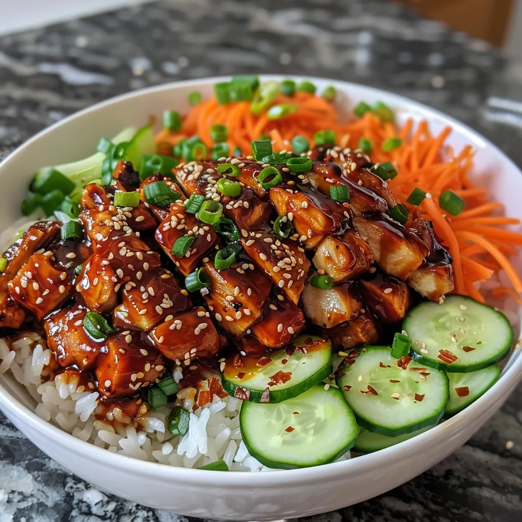 Close-up view of a Korean BBQ chicken rice bowl showcasing vibrant toppings.