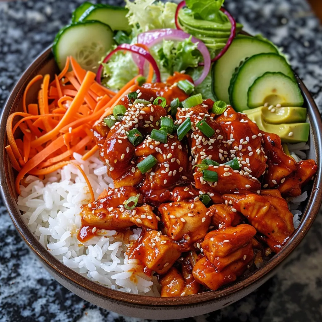 Juicy chicken thighs marinated in spicy sauce on a bed of rice with vegetables.