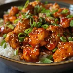 Close-up view of juicy Spicy Korean Chicken with a glossy sauce.