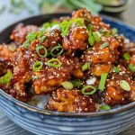 Close-up view of juicy Spicy Korean Chicken thighs garnished with sesame seeds and green onions.