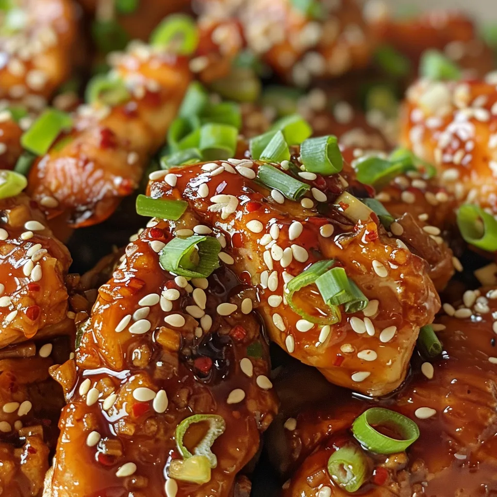 Side shot of tender chicken thighs garnished with green onions and sesame seeds.