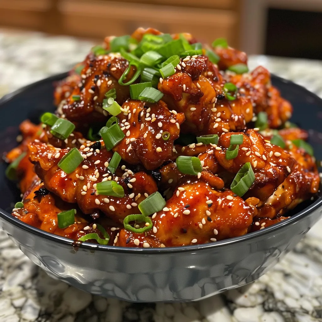 Side view of tender Spicy Korean Chicken with a glossy red glaze, showcasing minced garlic and green onions.