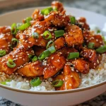 Close-up view of juicy Spicy Korean Gochujang Chicken garnished with green onions and sesame seeds.