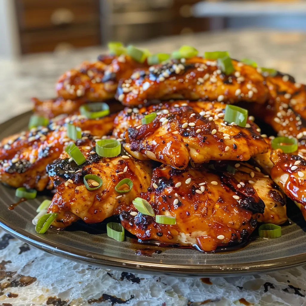Side profile of moist chicken thighs coated in colorful gochujang sauce, ready to be served.