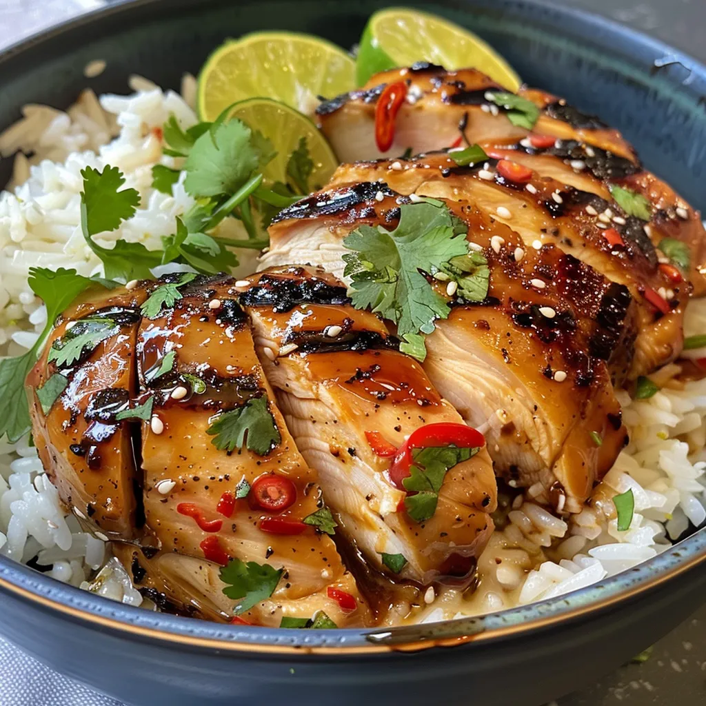 Close-up view of Spicy Maple Chicken garnished with cilantro and lime wedges.
