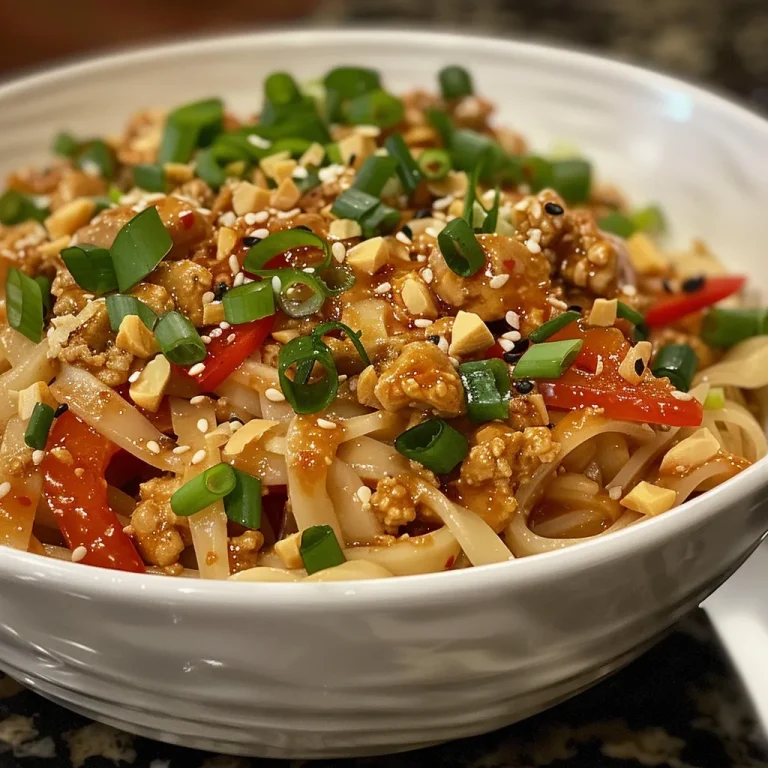 A close-up view of Spicy Peanut Chicken Noodles, highlighting colorful ingredients and texture.