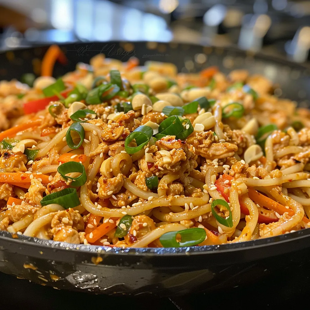 Juicy Spicy Peanut Chicken Noodles served in a bowl, featuring chicken, vegetables, and sauce.