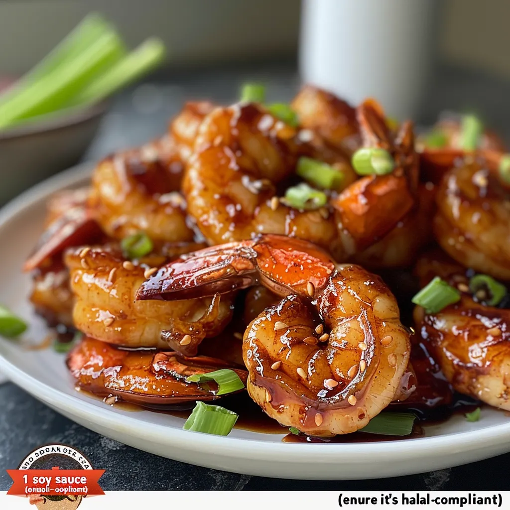 Juicy shrimp coated in a shiny, spicy-sweet honey glaze, served on a white plate.