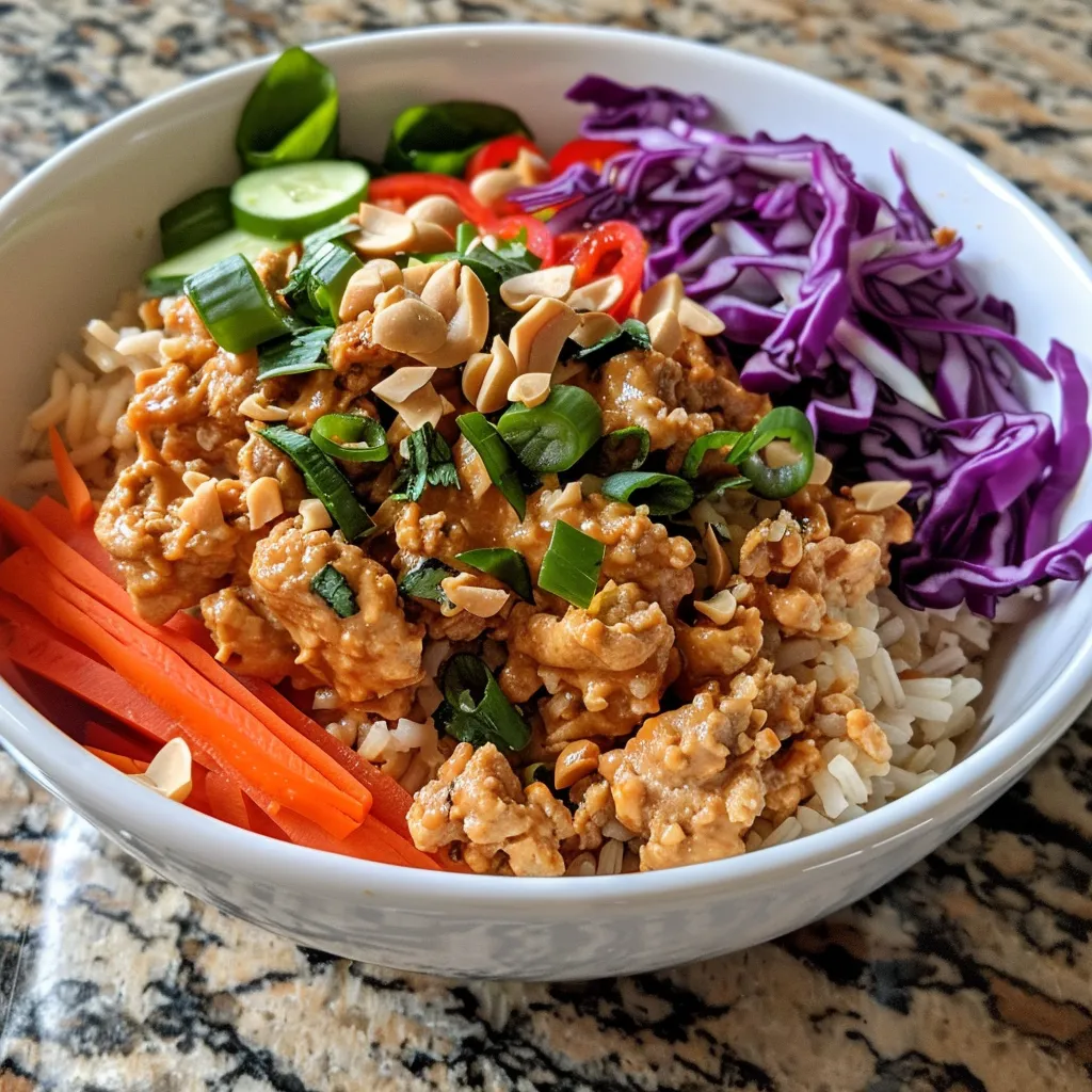 Side view of a delicious Spicy Thai Chicken Bowl, featuring colorful red bell pepper and shredded carrots.