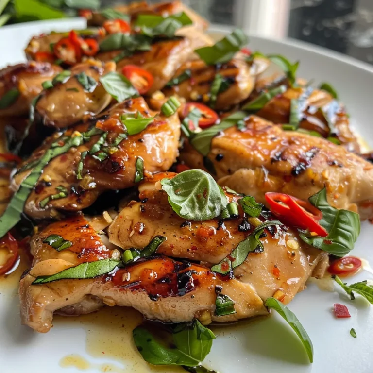 Close-up of a plate of spicy Thai chicken with vibrant colors and garnished with basil.