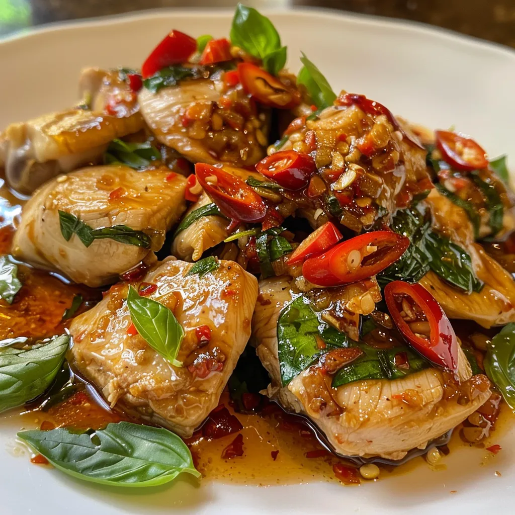Juicy spicy Thai chicken dish displayed on a wooden table, highlighting glistening sauce and chilies.