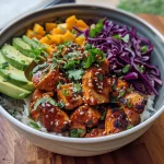 Close-up view of a Spicy Thai Peanut Chicken Bowl with chicken, rice, and fresh toppings.