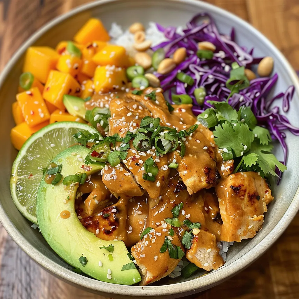 Vibrant Spicy Thai Peanut Chicken Bowl showcasing juicy chicken, colorful vegetables, and rice.