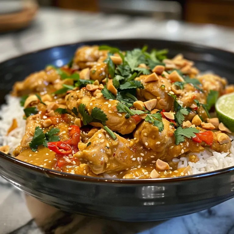 Juicy Spicy Thai Peanut Chicken served on a plate with jasmine rice.